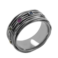 Titanring med sort diamant og farvede safirer – poleret