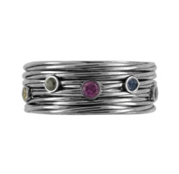 Titanring med sort diamant og farvede safirer – poleret