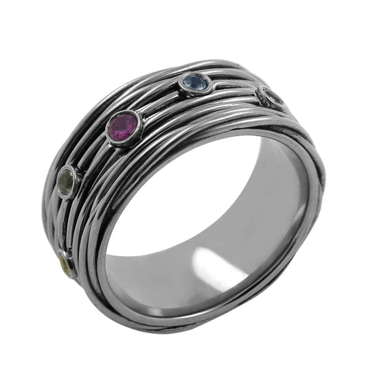 Titanring med sort diamant og farvede safirer – poleret
