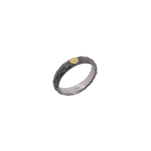 Tantalum Ring w/ 18k Yellow Gold. Crater Sandblast Oxidized Natural/Flat Hammered Matte